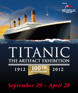 Flyer detailing the Titantic exhibition with the image of the ship.
