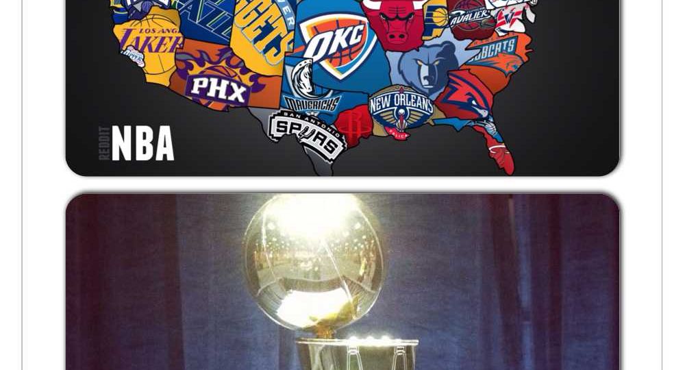 two pictures in one, bottom picture is of a golden shiny basketball trophy in front of a blue background. Top picture is of the US map, each state is outlined by the logo of their professional basketball team.