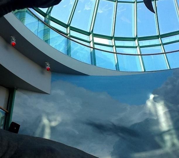 Glass roof with dinosaur models at Natural Museum of Science in Raleigh