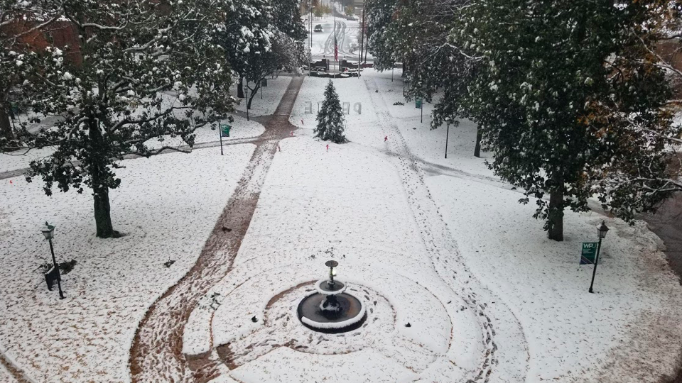 View of Main lawn at William Peace University in the snow